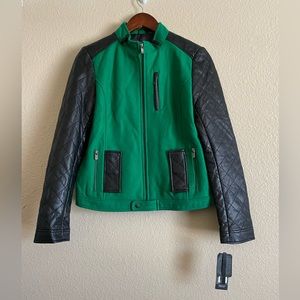 Truth of Touch: Green Black Quilted Leather & Wool Combo Jacket Size Small NWT